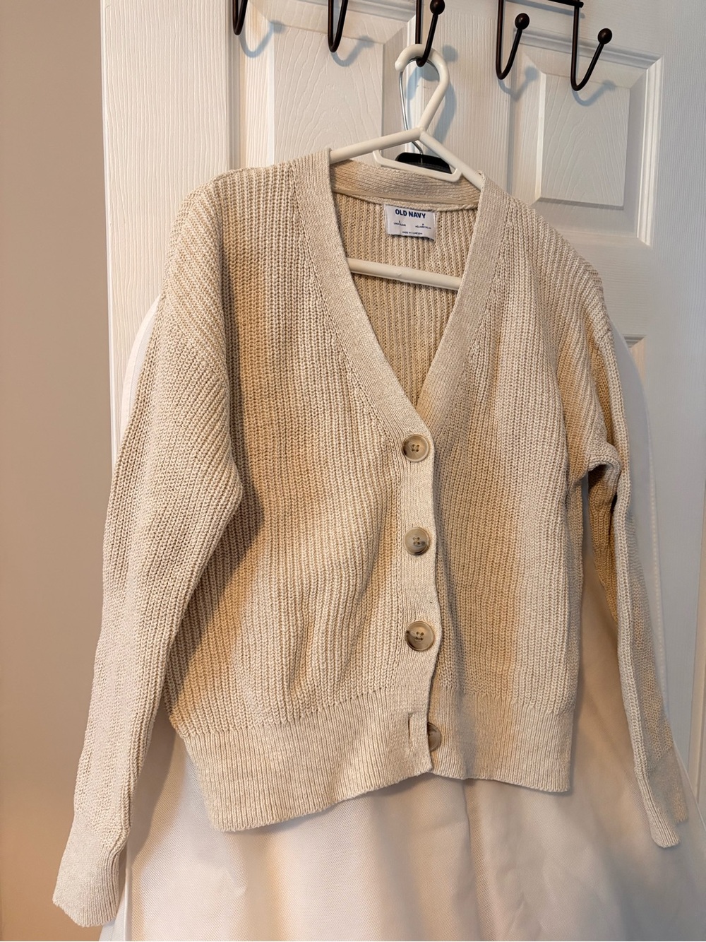 Old Navy Neutral Cream Button-Front V-Neck Cardigan cotton, Linen